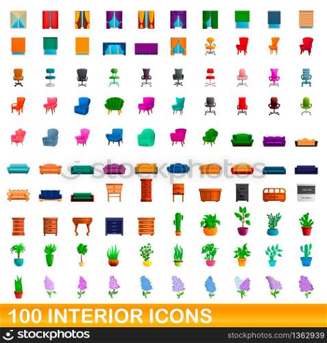 100 interior icons set. Cartoon illustration of 100 interior icons vector set isolated on white background. 100 interior icons set, cartoon style