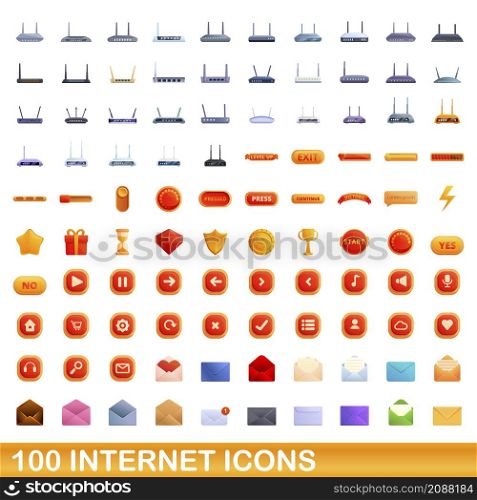100 internet icons set. Cartoon illustration of 100 internet icons vector set isolated on white background. 100 internet icons set, cartoon style