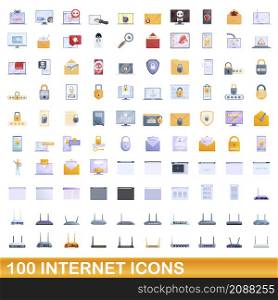 100 internet icons set. Cartoon illustration of 100 internet icons vector set isolated on white background. 100 internet icons set, cartoon style