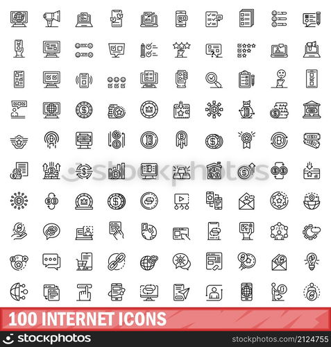 100 internet icons set. Outline illustration of 100 internet icons vector set isolated on white background. 100 internet icons set, outline style