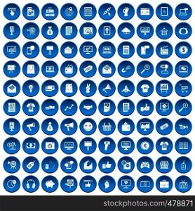 100 internet marketing icons set in blue circle isolated on white vector illustration. 100 internet marketing icons set blue