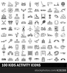 100 kids activity icons set in outline style for any design vector illustration. 100 kids activity icons set, outline style