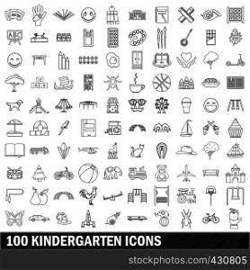 100 kindergarten icons set in outline style for any design vector illustration. 100 kindergarten icons set, outline style