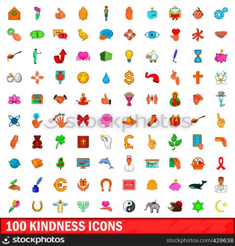100 kindness icons set in cartoon style for any design vector illustration. 100 kindness icons set, cartoon style