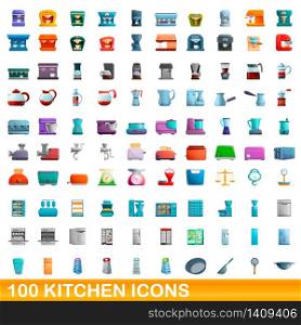 100 kitchen icons set. Cartoon illustration of 100 kitchen icons vector set isolated on white background. 100 kitchen icons set, cartoon style