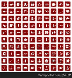 100 kitchen icons set in grunge style red color isolated on white background vector illustration. 100 kitchen icons set grunge red