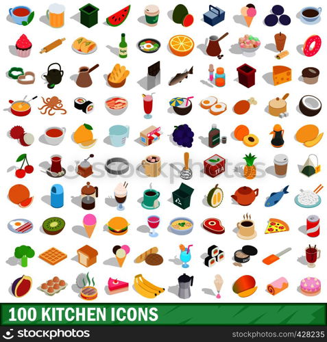 100 kitchen icons set in isometric 3d style for any design vector illustration. 100 kitchen icons set, isometric 3d style