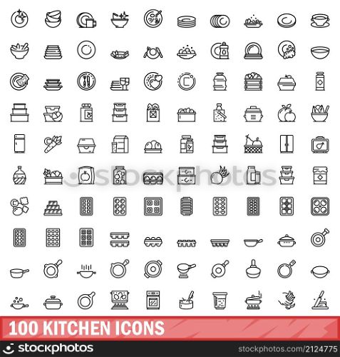 100 kitchen icons set. Outline illustration of 100 kitchen icons vector set isolated on white background. 100 kitchen icons set, outline style