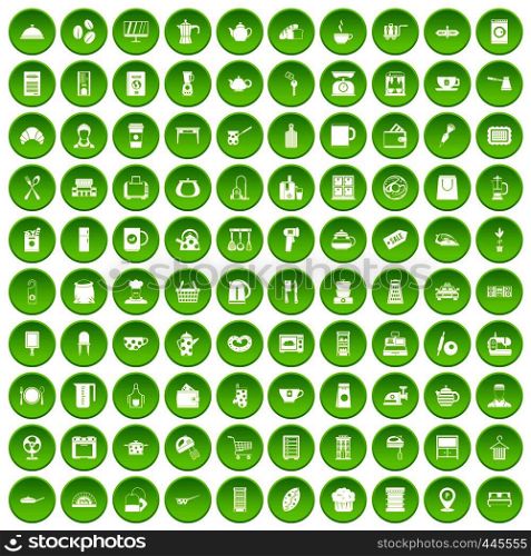 100 kitchen utensils icons set green circle isolated on white background vector illustration. 100 kitchen utensils icons set green circle