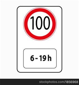 100 kmh speed limit sign. Limited time. Traffic laws. Regulation concept. Road post. Vector illustration. Stock image. EPS 10.. 100 kmh speed limit sign. Limited time. Traffic laws. Regulation concept. Road post. Vector illustration. Stock image.