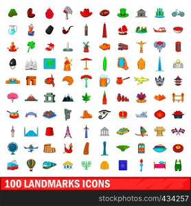 100 landmarks icons set in cartoon style for any design vector illustration. 100 landmarks icons set, cartoon style