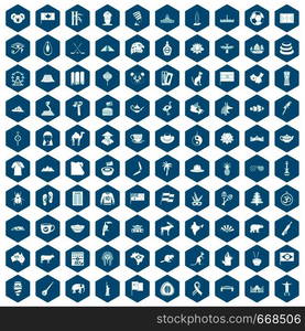 100 landmarks icons set in sapphirine hexagon isolated vector illustration. 100 landmarks icons sapphirine violet