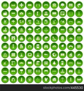 100 landscape element icons set green circle isolated on white background vector illustration. 100 landscape element icons set green circle