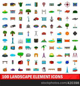 100 landscape element icons set in cartoon style for any design vector illustration. 100 landscape element icons set, cartoon style
