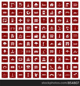 100 landscape element icons set in grunge style red color isolated on white background vector illustration. 100 landscape element icons set grunge red