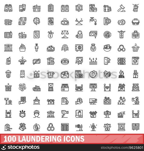 100 laundering icons set. Outline illustration of 100 laundering icons vector set isolated on white background. 100 laundering icons set, outline style