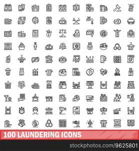 100 laundering icons set. Outline illustration of 100 laundering icons vector set isolated on white background. 100 laundering icons set, outline style