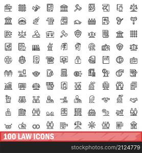 100 law icons set. Outline illustration of 100 law icons vector set isolated on white background. 100 law icons set, outline style