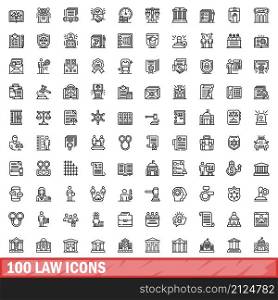 100 law icons set. Outline illustration of 100 law icons vector set isolated on white background. 100 law icons set, outline style