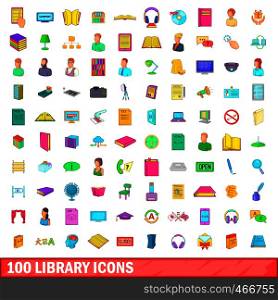 100 library icons set in cartoon style for any design illustration. 100 library icons set, cartoon style