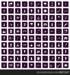 100 light source icons set in grunge style purple color isolated on white background vector illustration. 100 light source icons set grunge purple