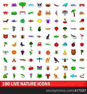 100 live nature icons set in cartoon style for any design vector illustration. 100 live nature icons set, cartoon style