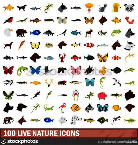 100 live nature icons set in flat style for any design vector illustration. 100 live nature icons set, flat style