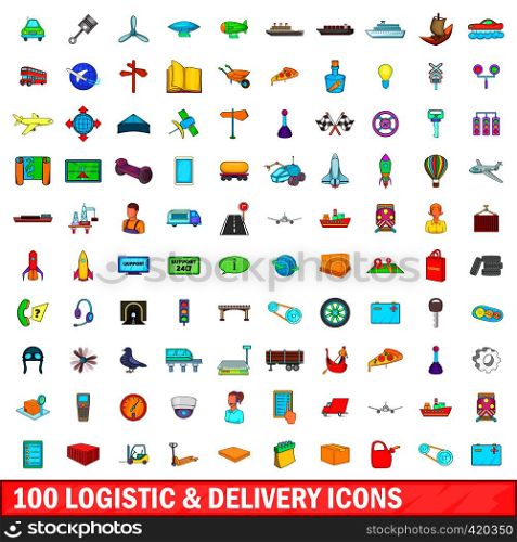 100 logistic and delivery icons set in cartoon style for any design vector illustration. 100 logistic and delivery icons set, cartoon style