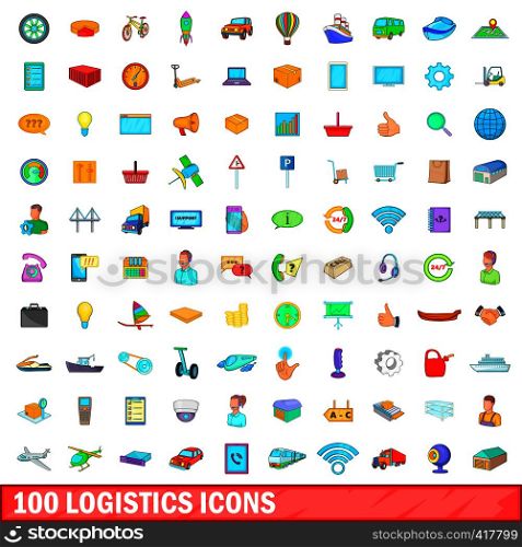 100 logistics icons set in cartoon style for any design vector illustration. 100 logistics icons set, cartoon style