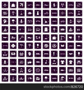 100 logistics icons set in grunge style purple color isolated on white background vector illustration. 100 logistics icons set grunge purple