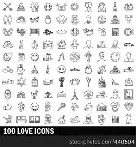 100 love icons set in outline style for any design vector illustration. 100 love icons set, outline style