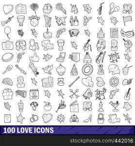 100 love icons set in outline style for any design vector illustration. 100 love icons set, outline style