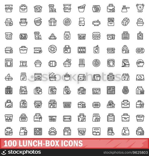 100 lunch-box icons set. Outli≠illustration of 100 lunch-box icons vector set isolated on white background. 100 lunch-box icons set, outli≠sty≤