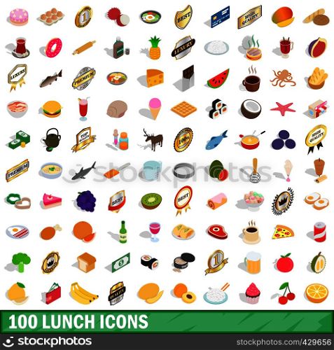 100 lunch icons set in isometric 3d style for any design vector illustration. 100 lunch icons set, isometric 3d style