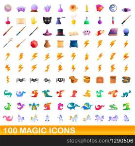 100 magic icons set. Cartoon illustration of 100 magic icons vector set isolated on white background. 100 magic icons set, cartoon style