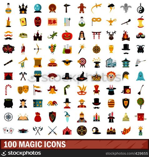 100 magic icons set in flat style for any design vector illustration. 100 magic icons set, flat style