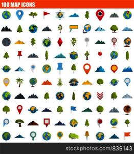 100 map icon set. Flat set of 100 map vector icons for web design. 100 map icon set, flat style