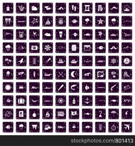 100 marine environment icons set in grunge style purple color isolated on white background vector illustration. 100 marine environment icons set grunge purple