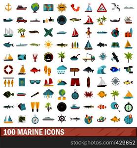 100 marine icons set in flat style for any design vector illustration. 100 marine icons set, flat style
