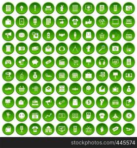 100 marketing icons set green circle isolated on white background vector illustration. 100 marketing icons set green circle