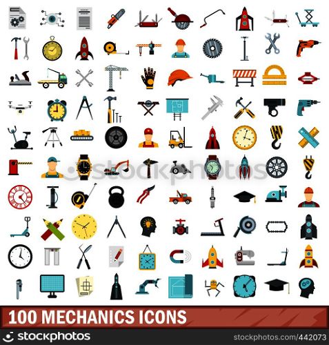100 mechanics icons set in flat style for any design vector illustration. 100 mechanics icons set, flat style