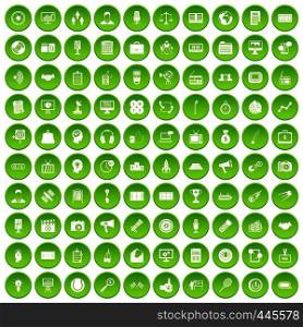 100 media icons set green circle isolated on white background vector illustration. 100 media icons set green circle