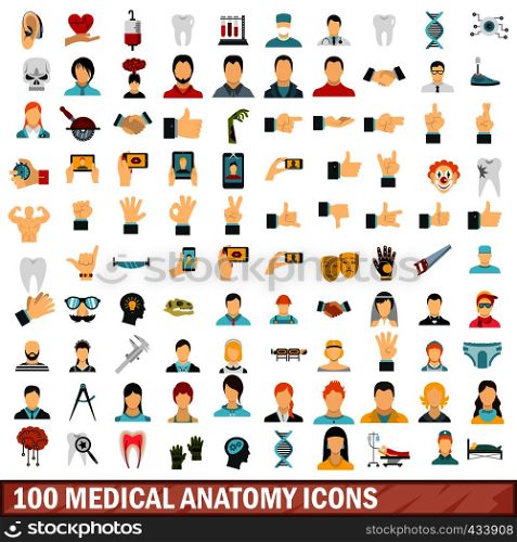 100 medical anatomy icons set in flat style for any design vector illustration. 100 medical anatomy icons set, flat style