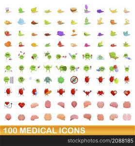 100 medical icons set. Cartoon illustration of 100 medical icons vector set isolated on white background. 100 medical icons set, cartoon style