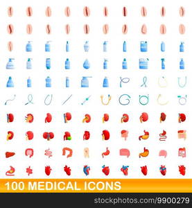 100 medical icons set. Cartoon illustration of 100 medical icons vector set isolated on white background. 100 medical icons set, cartoon style