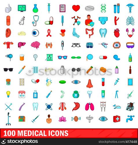 100 medical icons set in cartoon style for any design vector illustration. 100 medical icons set, cartoon style