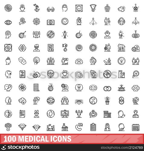 100 medical icons set. Outline illustration of 100 medical icons vector set isolated on white background. 100 medical icons set, outline style