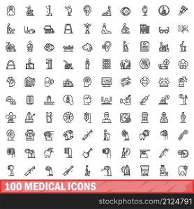 100 medical icons set. Outline illustration of 100 medical icons vector set isolated on white background. 100 medical icons set, outline style