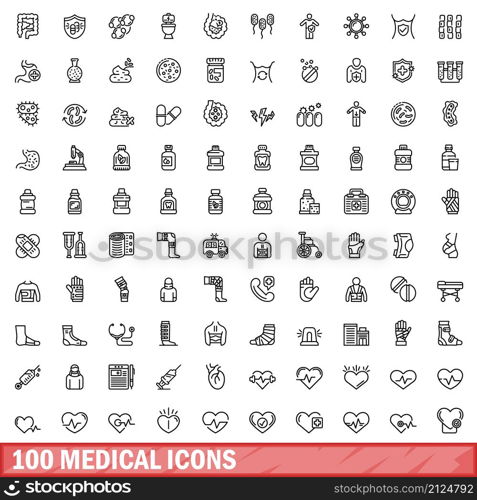 100 medical icons set. Outline illustration of 100 medical icons vector set isolated on white background. 100 medical icons set, outline style