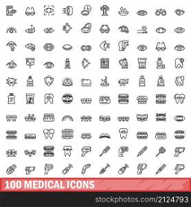 100 medical icons set. Outline illustration of 100 medical icons vector set isolated on white background. 100 medical icons set, outline style